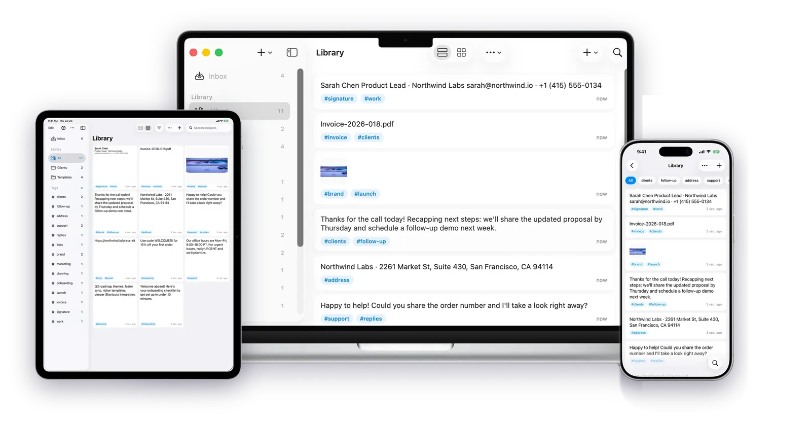 The same KeyPaste library on Mac, iPad, and iPhone, with text, rich text, images, and files in sync