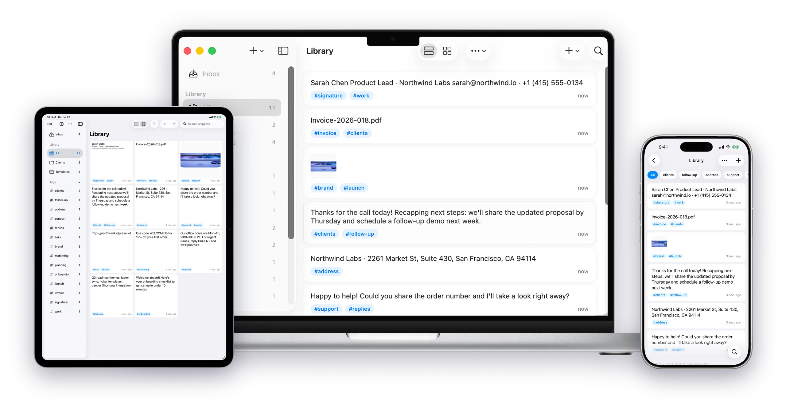 The same KeyPaste library on Mac, iPad, and iPhone — text, rich text, images, and files in sync