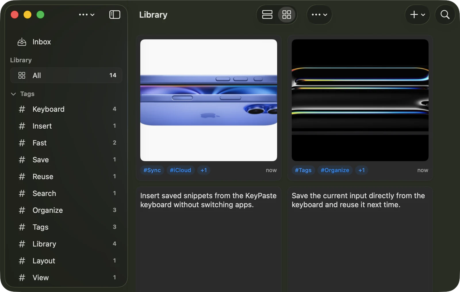 KeyPaste for Mac showing the native source-list window with Inbox, Library, and tags in the sidebar